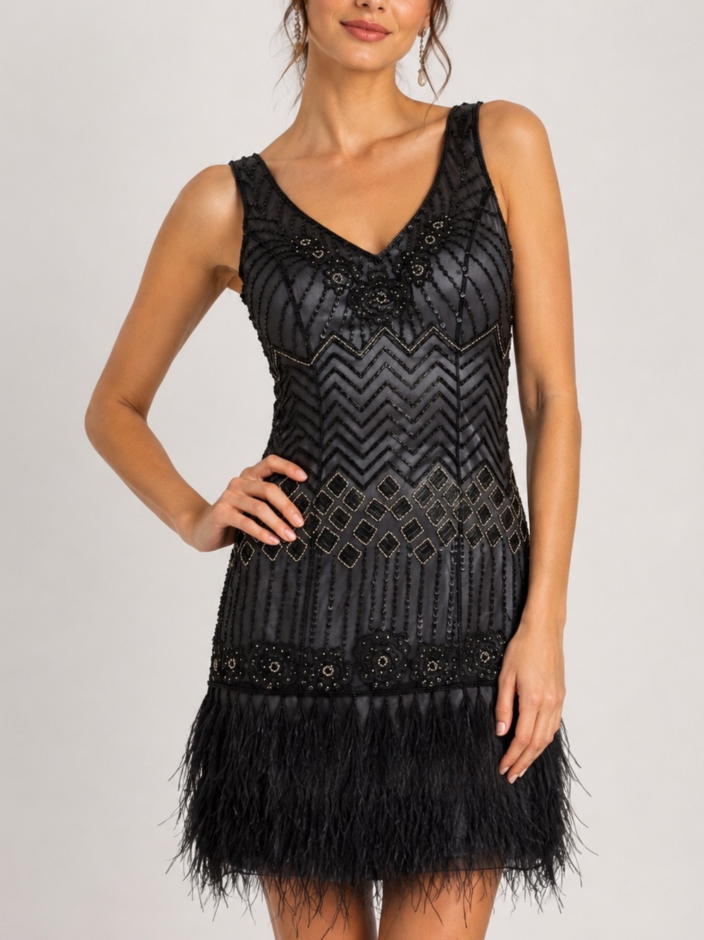 Sue Wong Beaded Flapper Ostrich Feather Art Deco Gatsby Dress Size 10